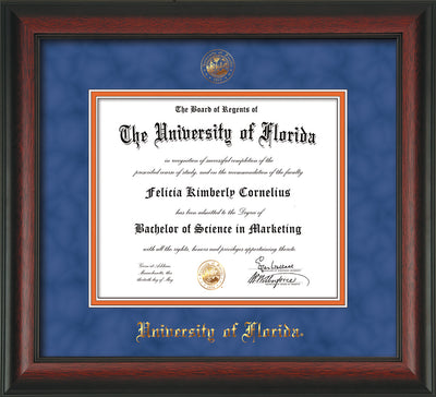 Image of University of Florida Diploma Frame - Rosewood - w/UF Embossed Seal & Name - Royal Blue Suede on Orange mat
