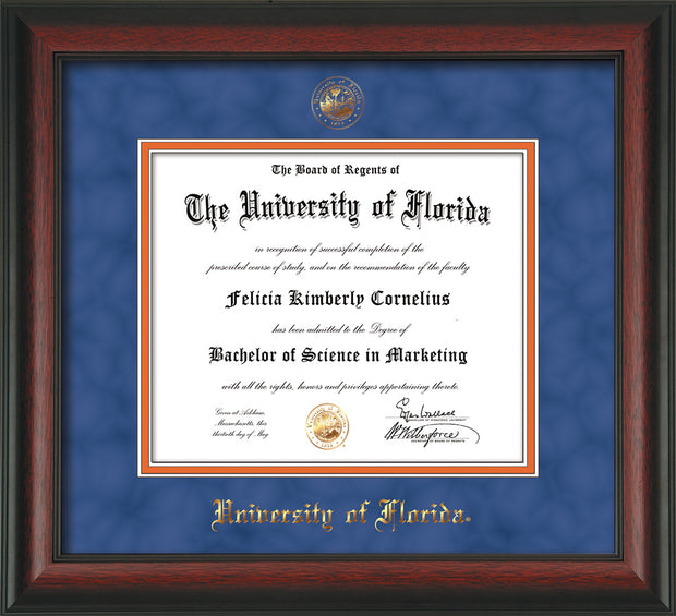 Image of University of Florida Diploma Frame - Rosewood - w/UF Embossed Seal & Name - Royal Blue Suede on Orange mat