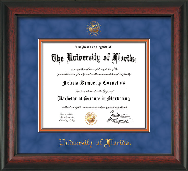 Image of University of Florida Diploma Frame - Rosewood - w/UF Embossed Seal & Name - Royal Blue Suede on Orange mat