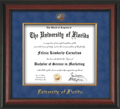 Image of University of Florida Diploma Frame - Rosewood - w/Embossed UF Seal & Name - Fillet - Royal Blue Suede mat