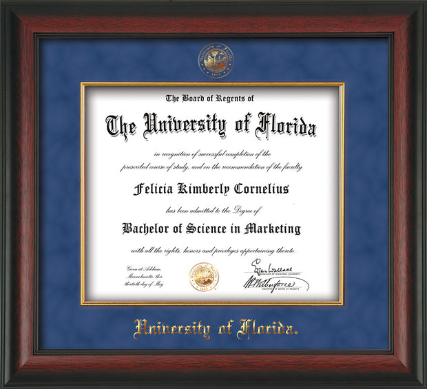 Image of University of Florida Diploma Frame - Rosewood - w/Embossed UF Seal & Name - Fillet - Royal Blue Suede mat