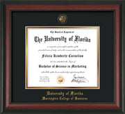 Image of University of Florida Diploma Frame - Rosewood - w/UF Embossed Seal & College of Business Name - Black on Gold mat