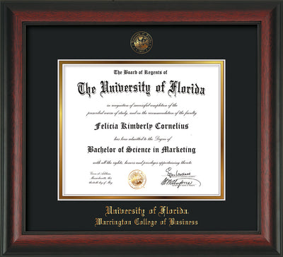 Image of University of Florida Diploma Frame - Rosewood - w/UF Embossed Seal & College of Business Name - Black on Gold mat