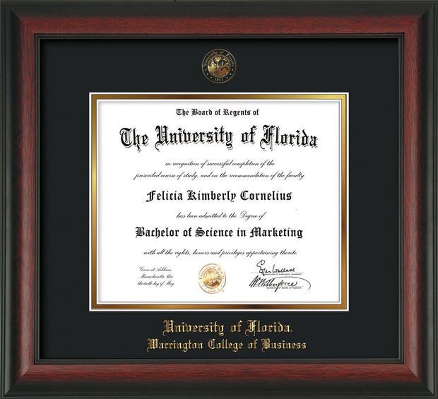 Image of University of Florida Diploma Frame - Rosewood - w/UF Embossed Seal & College of Business Name - Black on Gold mat