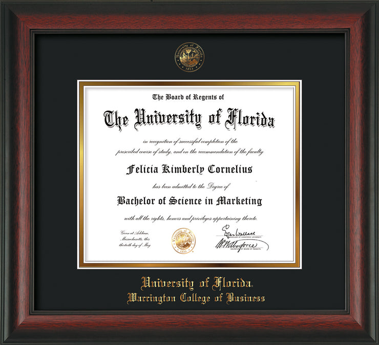 Image of University of Florida Diploma Frame - Rosewood - w/UF Embossed Seal & College of Business Name - Black on Gold mat