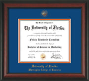 Image of University of Florida Diploma Frame - Rosewood - w/UF Embossed Seal & College of Business Name - Royal Blue on Orange mat