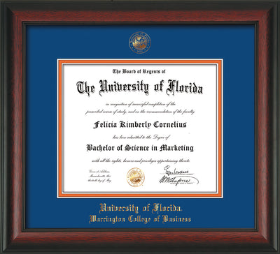 Image of University of Florida Diploma Frame - Rosewood - w/UF Embossed Seal & College of Business Name - Royal Blue on Orange mat