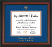 Image of University of Florida Diploma Frame - Rosewood - w/UF Embossed Seal & College of Medicine Name - Royal Blue on Orange mat
