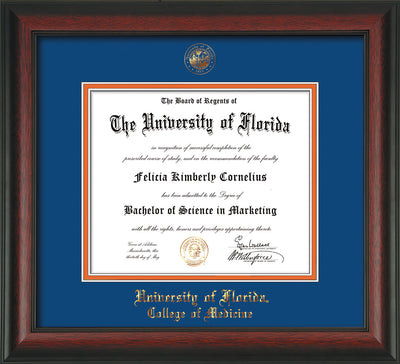 Image of University of Florida Diploma Frame - Rosewood - w/UF Embossed Seal & College of Medicine Name - Royal Blue on Orange mat