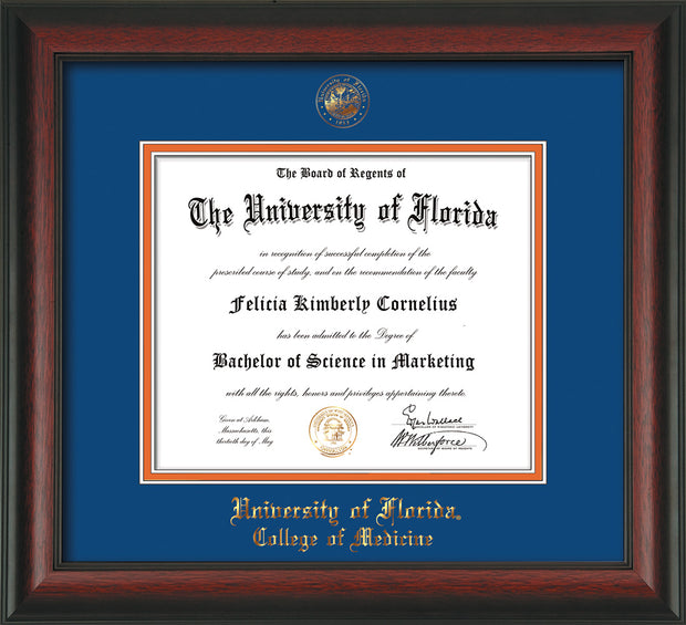 Image of University of Florida Diploma Frame - Rosewood - w/UF Embossed Seal & College of Medicine Name - Royal Blue on Orange mat