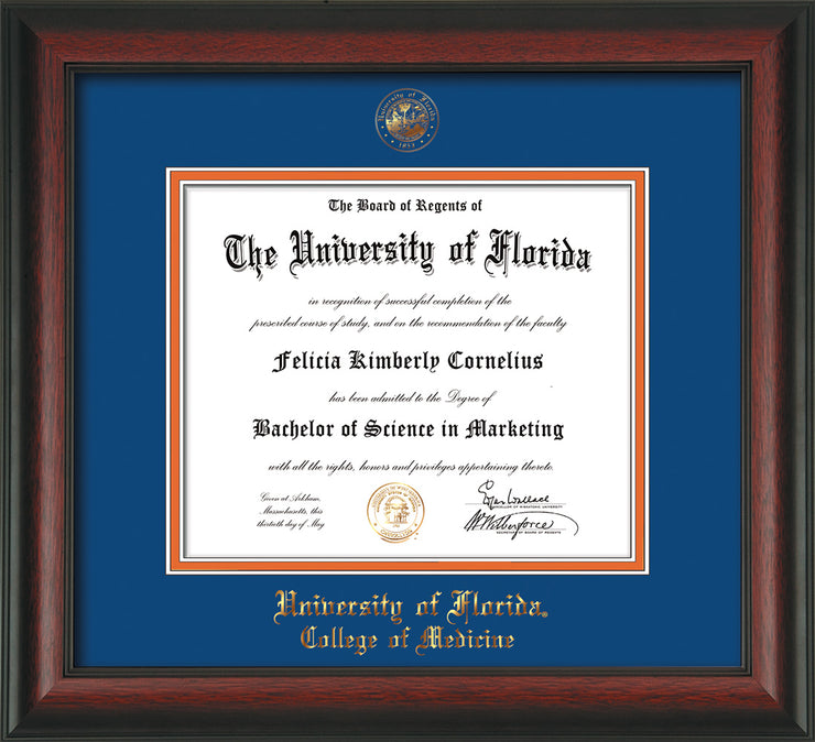 Image of University of Florida Diploma Frame - Rosewood - w/UF Embossed Seal & College of Medicine Name - Royal Blue on Orange mat