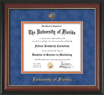 Image of University of Florida Diploma Frame - Rosewood w/Gold Lip - w/UF Embossed Seal & Name - Royal Blue Suede on Orange mat