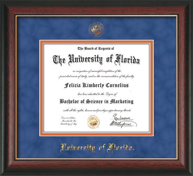 Image of University of Florida Diploma Frame - Rosewood w/Gold Lip - w/UF Embossed Seal & Name - Royal Blue Suede on Orange mat