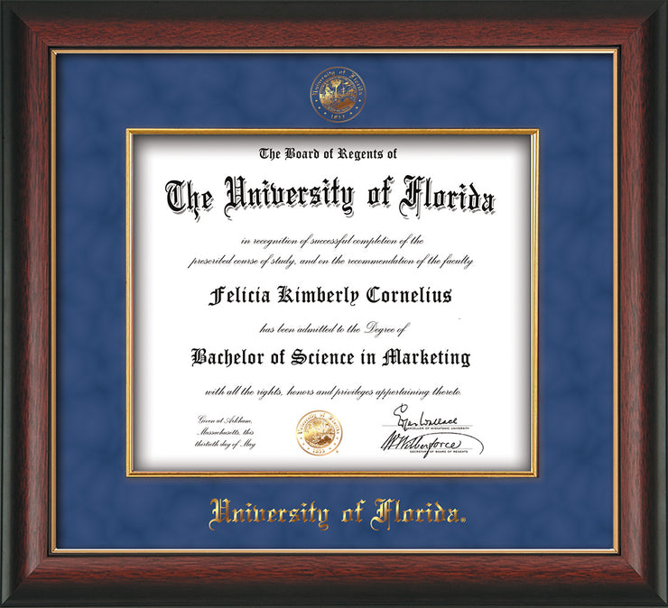 Image of University of Florida Diploma Frame - Rosewood with Gold Lip - w/Embossed UF Seal & Name - Fillet - Royal Blue Suede mat