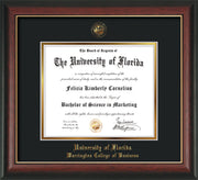 Image of University of Florida Diploma Frame - Rosewood with Gold Lip - w/UF Embossed Seal & College of Business Name - Black on Gold mat