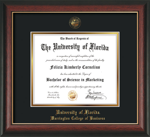 Image of University of Florida Diploma Frame - Rosewood with Gold Lip - w/UF Embossed Seal & College of Business Name - Black on Gold mat