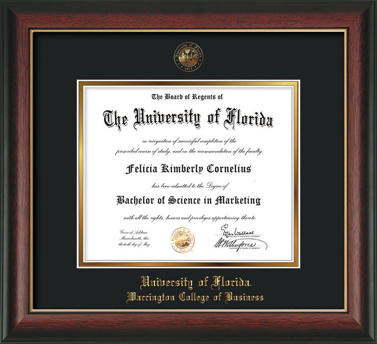 Image of University of Florida Diploma Frame - Rosewood with Gold Lip - w/UF Embossed Seal & College of Business Name - Black on Gold mat