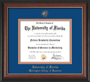 Image of University of Florida Diploma Frame - Rosewood with Gold Lip - w/UF Embossed Seal & College of Business Name - Royal Blue on Orange mat