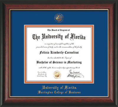Image of University of Florida Diploma Frame - Rosewood with Gold Lip - w/UF Embossed Seal & College of Business Name - Royal Blue on Orange mat