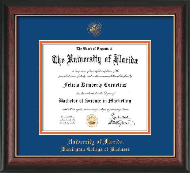 Image of University of Florida Diploma Frame - Rosewood with Gold Lip - w/UF Embossed Seal & College of Business Name - Royal Blue on Orange mat