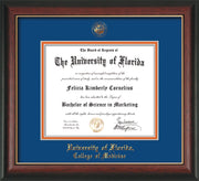 Image of University of Florida Diploma Frame - Rosewood with Gold Lip - w/UF Embossed Seal & College of Medicine Name - Royal Blue on Orange mat