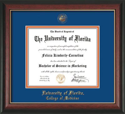 Image of University of Florida Diploma Frame - Rosewood with Gold Lip - w/UF Embossed Seal & College of Medicine Name - Royal Blue on Orange mat