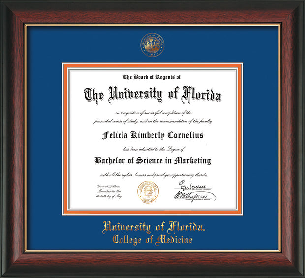 Image of University of Florida Diploma Frame - Rosewood with Gold Lip - w/UF Embossed Seal & College of Medicine Name - Royal Blue on Orange mat