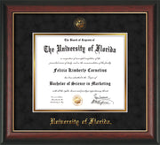 Image of University of Florida Diploma Frame - Rosewood w/Gold Lip - w/UF Embossed Seal & Name - Black Suede on Gold mat