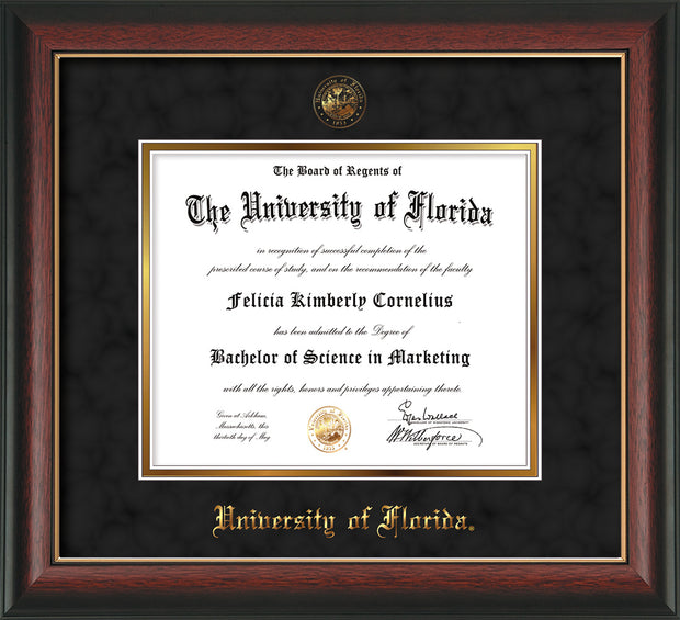 Image of University of Florida Diploma Frame - Rosewood w/Gold Lip - w/UF Embossed Seal & Name - Black Suede on Gold mat