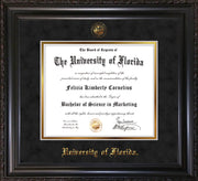 Image of University of Florida Diploma Frame - Vintage Black Scoop - w/UF Embossed Seal & Name - Black Suede on Gold mat