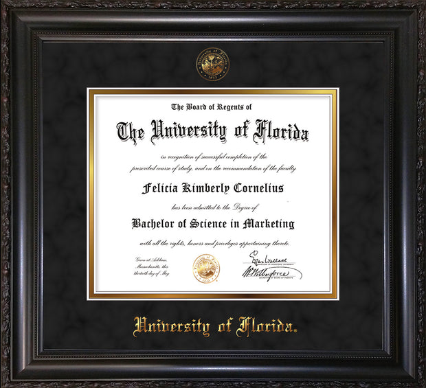 Image of University of Florida Diploma Frame - Vintage Black Scoop - w/UF Embossed Seal & Name - Black Suede on Gold mat