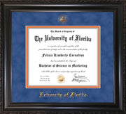 Image of University of Florida Diploma Frame - Vintage Black Scoop - w/UF Embossed Seal & Name - Royal Blue Suede on Orange mat