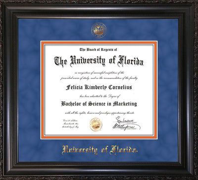 Image of University of Florida Diploma Frame - Vintage Black Scoop - w/UF Embossed Seal & Name - Royal Blue Suede on Orange mat
