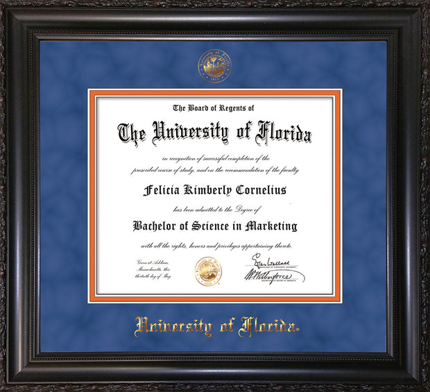 Image of University of Florida Diploma Frame - Vintage Black Scoop - w/UF Embossed Seal & Name - Royal Blue Suede on Orange mat
