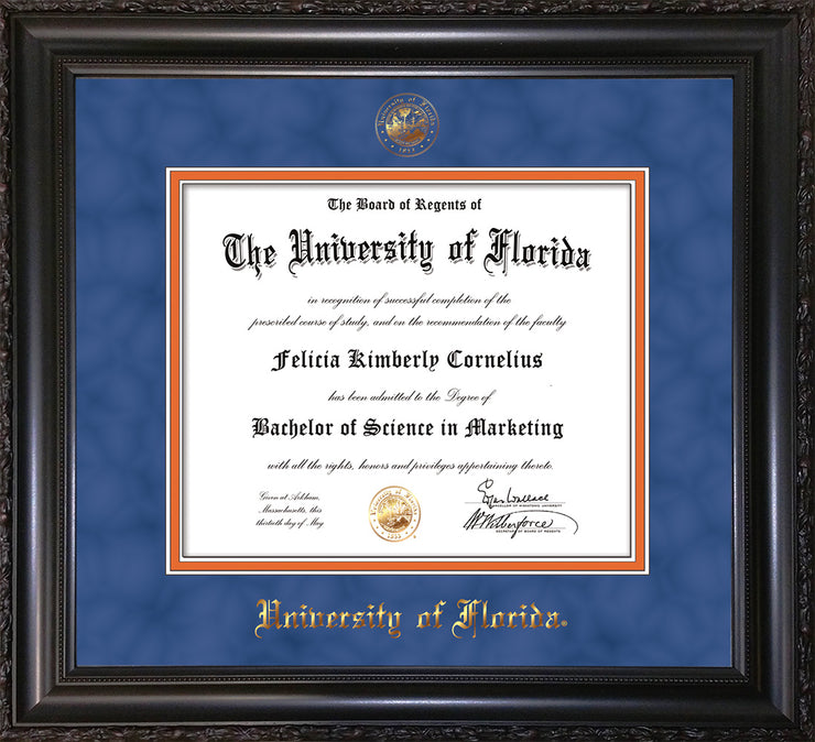 Image of University of Florida Diploma Frame - Vintage Black Scoop - w/UF Embossed Seal & Name - Royal Blue Suede on Orange mat