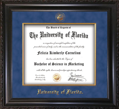 Image of [For all UF Bachelors, Masters, and PhD Degrees diploma size: 11 3/4" x 16” - horizontal. (Approximate overall frame size: 19" x 22”)  Learn more about why our archival materials and UV glass are crucial when framing a diploma. (Product# UF-CL-S-BG) 