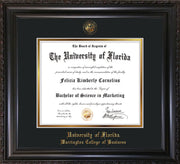 Image of University of Florida Diploma Frame - Vintage Black Scoop - w/UF Embossed Seal & College of Business Name - Black on Gold mat