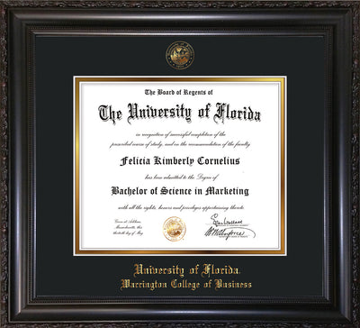 Image of University of Florida Diploma Frame - Vintage Black Scoop - w/UF Embossed Seal & College of Business Name - Black on Gold mat