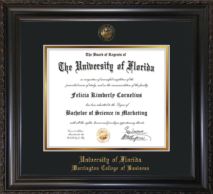Image of University of Florida Diploma Frame - Vintage Black Scoop - w/UF Embossed Seal & College of Business Name - Black on Gold mat