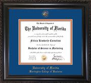 Image of University of Florida Diploma Frame - Vintage Black Scoop - w/UF Embossed Seal & College of Business Name - Royal Blue on Orange mat
