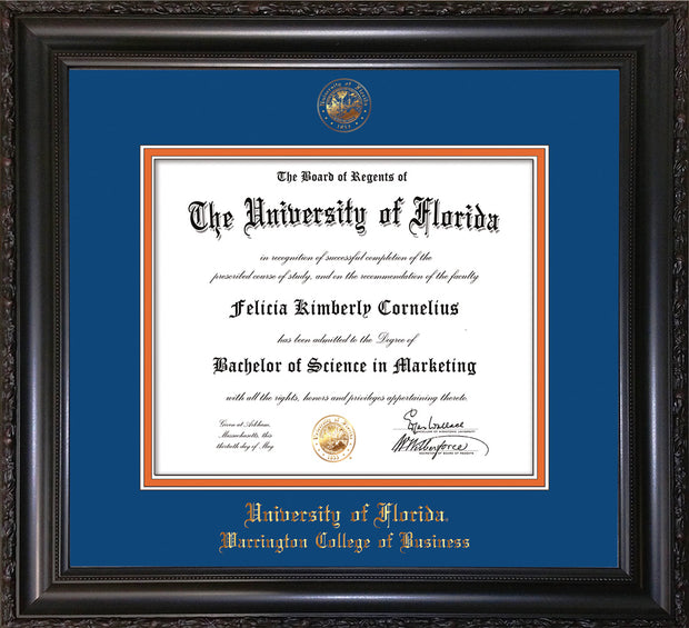 Image of University of Florida Diploma Frame - Vintage Black Scoop - w/UF Embossed Seal & College of Business Name - Royal Blue on Orange mat