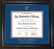 Image of University of Florida Diploma Frame - Vintage Black Scoop - w/UF Embossed Seal & College of Medicine Name - Royal Blue on Orange mat