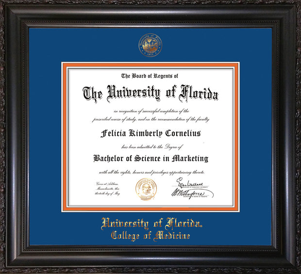 Image of University of Florida Diploma Frame - Vintage Black Scoop - w/UF Embossed Seal & College of Medicine Name - Royal Blue on Orange mat