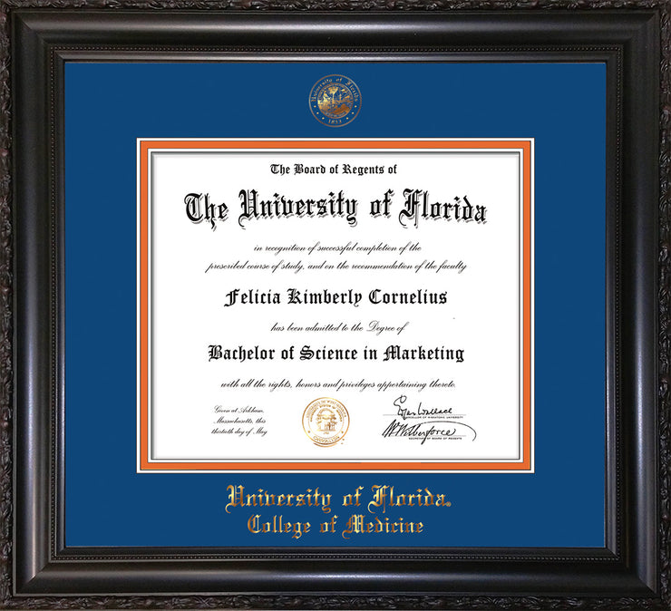 Image of University of Florida Diploma Frame - Vintage Black Scoop - w/UF Embossed Seal & College of Medicine Name - Royal Blue on Orange mat