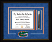Image of University of Florida Diploma Frame - Honors Black Lacquer - 3D Laser UF Gator Head Logo Cutout - Tassel Holder - Royal Blue Suede on Orange on Royal Blue mat
