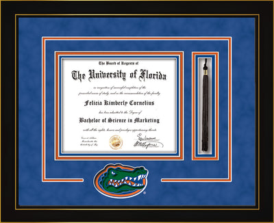 Image of University of Florida Diploma Frame - Honors Black Lacquer - 3D Laser UF Gator Head Logo Cutout - Tassel Holder - Royal Blue Suede on Orange on Royal Blue mat