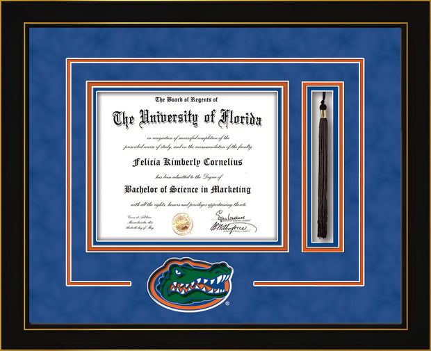 Image of University of Florida Diploma Frame - Honors Black Lacquer - 3D Laser UF Gator Head Logo Cutout - Tassel Holder - Royal Blue Suede on Orange on Royal Blue mat