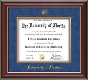 Image of University of Florida Diploma Frame - Cherry Lacquer - w/Embossed UF Seal & Name - Fillet - Royal Blue Suede mat