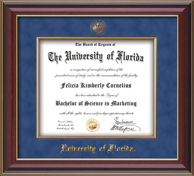 Image of University of Florida Diploma Frame - Cherry Lacquer - w/Embossed UF Seal & Name - Fillet - Royal Blue Suede mat
