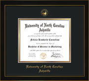 Image of University of North Carolina Asheville Diploma Frame - Honors Black Satin - w/Embossed UNCA Seal & Name - Black on Gold mat